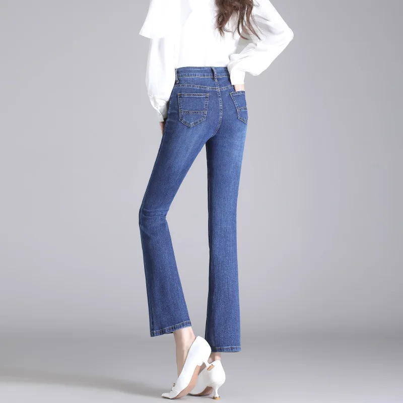 Retro High Waist Slim Fit Denim Jeans Women's Bell Bottom Pants Nine-Tenths Length Stretchy Washed Jeans Street Style Trendy