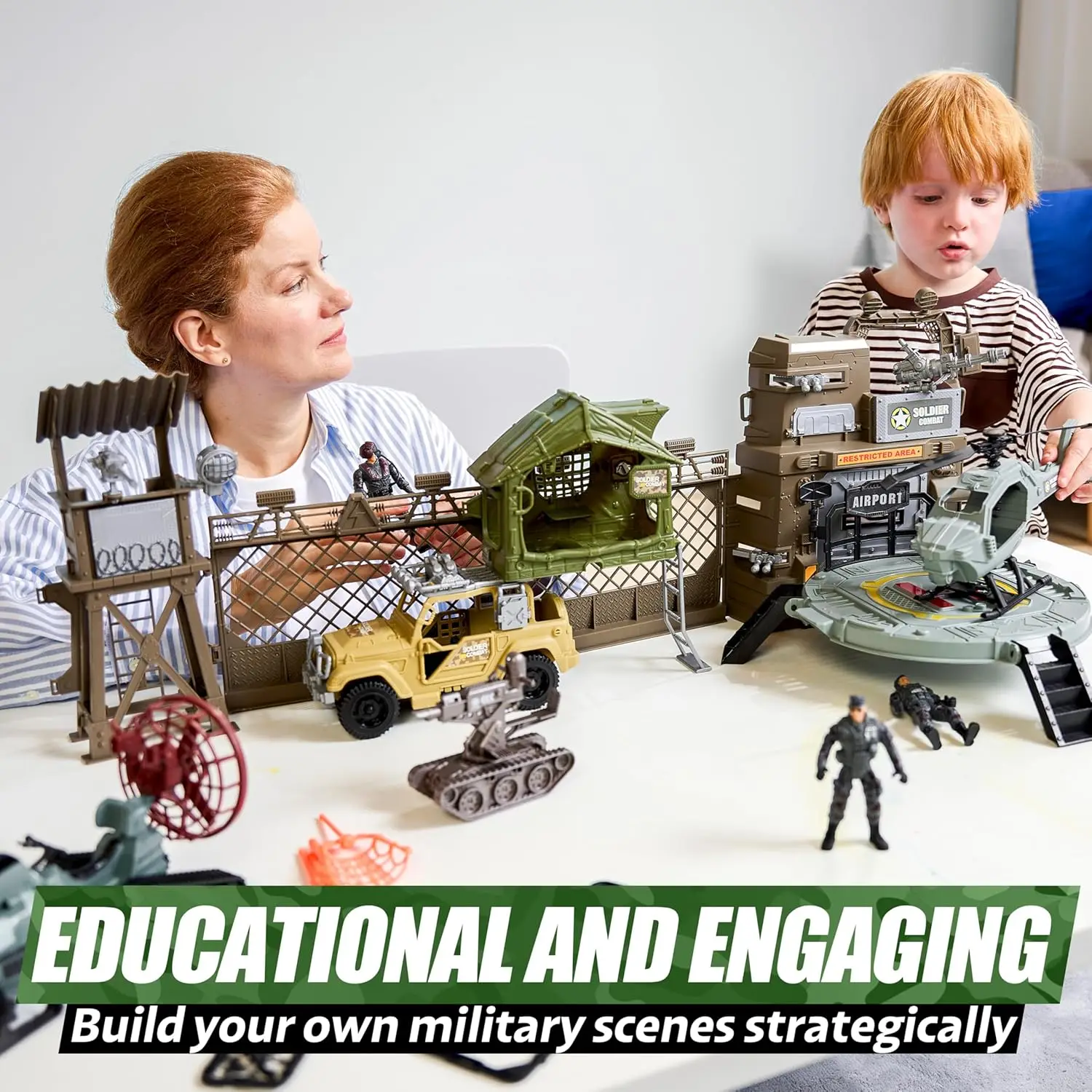 JOYFY Militaire speelgoedset met legerbasis, voertuigen Actiefiguren Wapenaccessoires Helikopter voor kinderen Kerstverjaardagscadeau