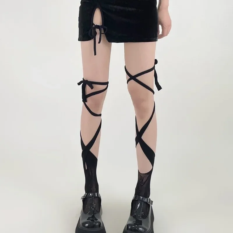 Women Sexy Arbitrarily Bandage Heart Floral Lace Fishnet Stockings Irregular Calf Socks Jk Tie Middle Tube Japanese Long Socks