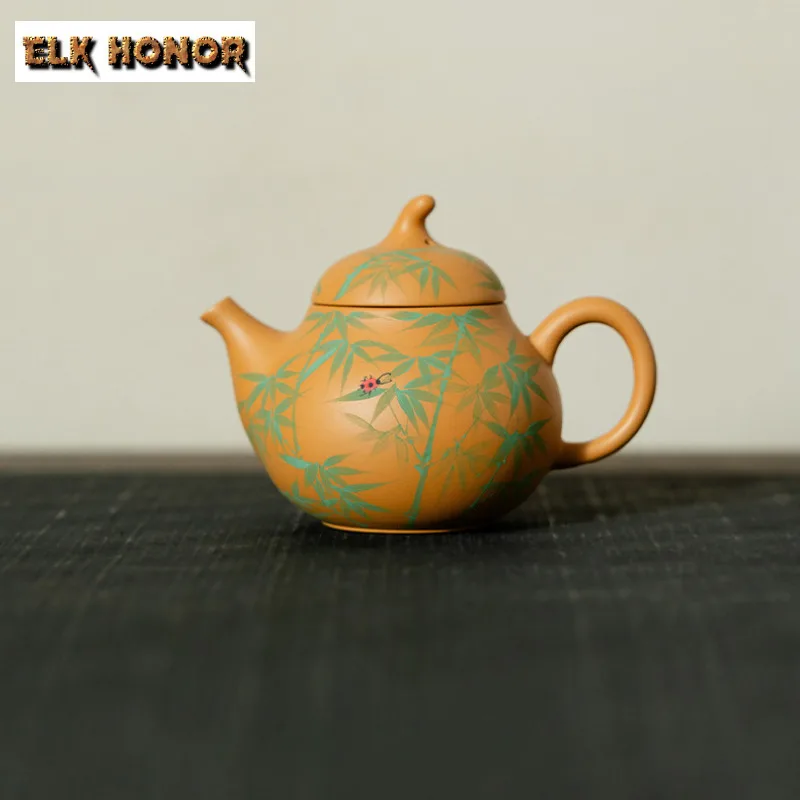 

140ml Purple Clay Hand-painted Bamboo Leaves Eggplant Teapot Traditional Tea Infuser Pot Tea Soaking Kettle With Filter Tea Set