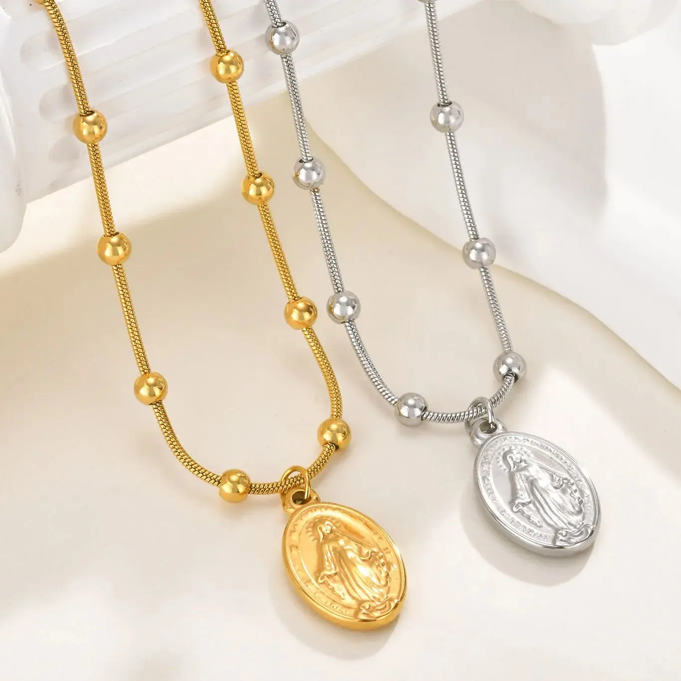 Vnox الخفيفة الفاخرة الوردية القلائد للنساء ، الفولاذ المقاوم للصدأ الخرز سلسلة مريم العذراء قلادة ، عبر الذيل الدين مجوهرات هدية #5