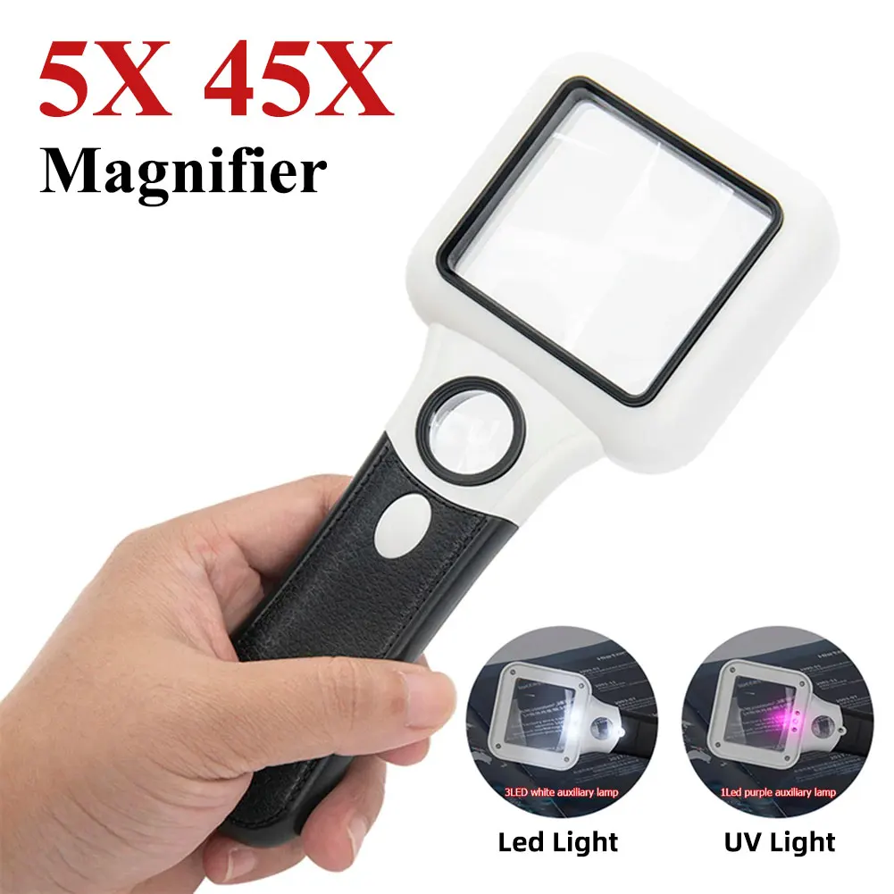 lupa com luzes led handheld lupa joias lupa detector de dinheiro iluminado lampada uv leitura idosos 5x 45x 01