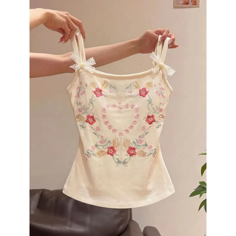 Damen Vintage Blumenmuster Besticktes Ärmelloses Camisole-Top, Schlanke Passform im Y2K-Stil, Sommer-Oberteil