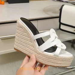 2026 Summer Newest Slides Corss Strap Patent Leather Platform Women Sandals Wedges Espadrilles Slip On Fashion Heels Open Toe