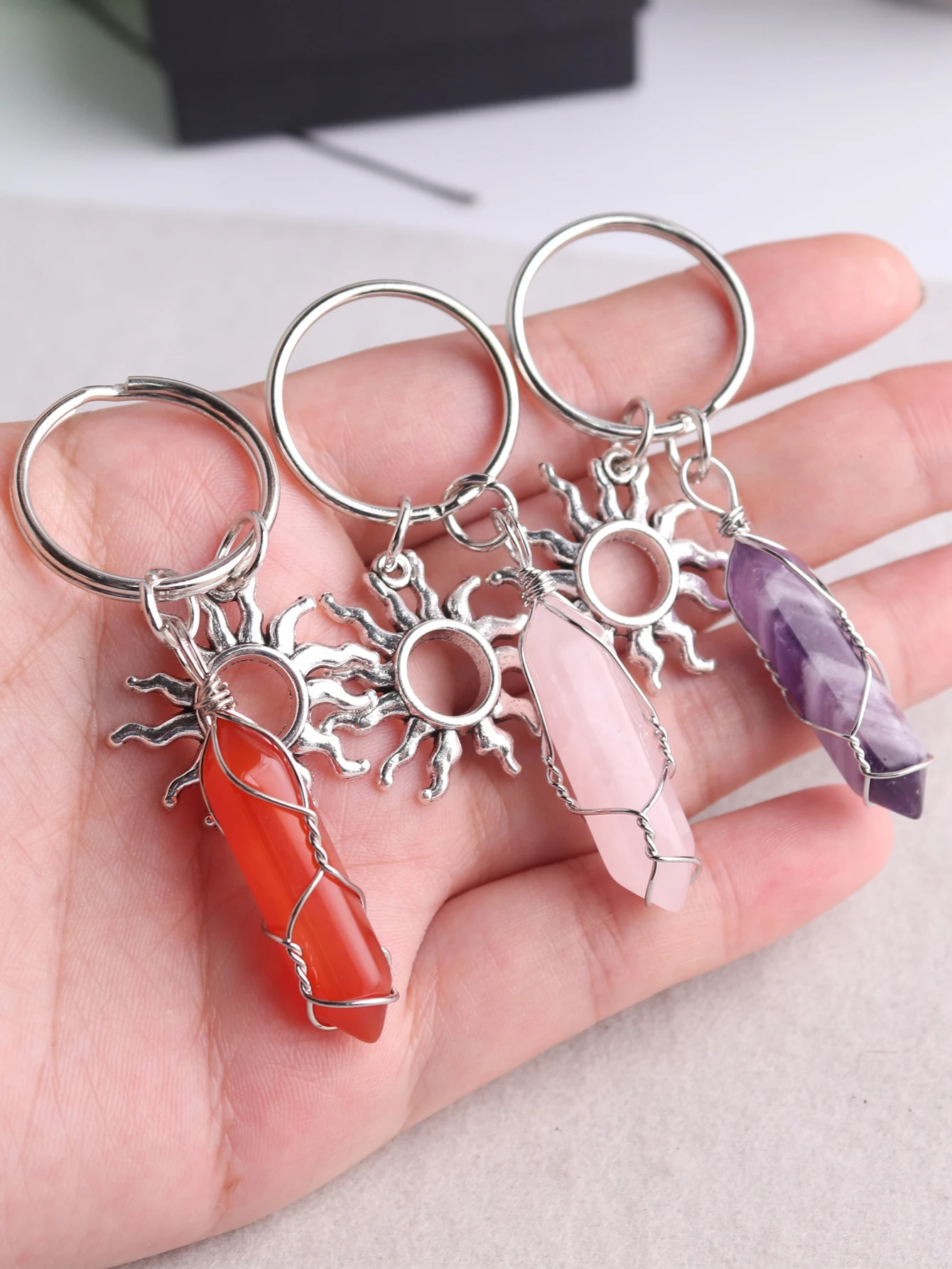 30pcs/lot Natural Stone Wire Wrap Hexagonal Column Pendant Key Chain Healing Energy Jewelry Bulk Wholesale Items For Business