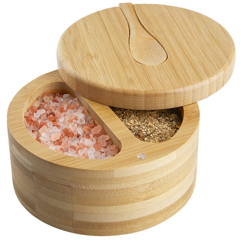 

1Set Seasoning Box With Swivel Lid Bamboo Salt Cellar 2-Compartment Salt Pepper Bowls Dual 6 Oz With Lid And Spoon