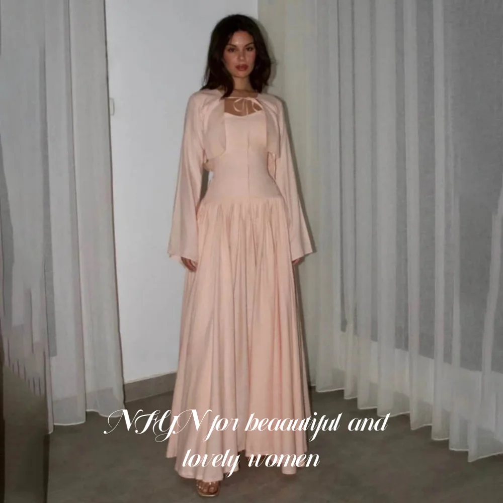 

NFYN Pink Elegant Prom Dresses Coat Lace-Up Long Sleeves Party Dress Satin Pleating Simple A-Line Evening Dresses Customized