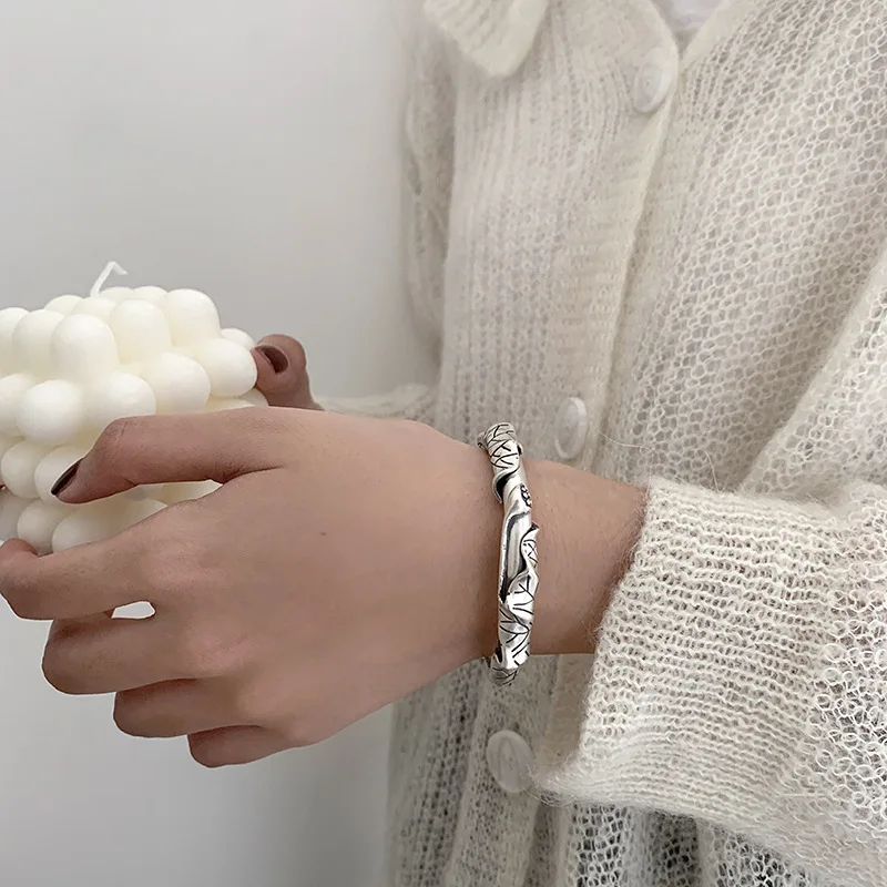 New Arrival Promotion Trendy Lotus Flower & Leaf 925 Sterling Silver Ladies Bangle Women Cuff Bracelet New Year Gifts