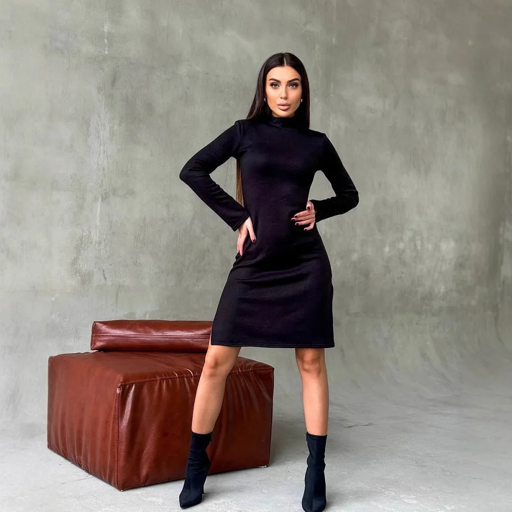 Europeu e americano sexy de alta qualidade vestido de cor sólida hepburn vento menina de gola alta de manga comprida magro saia longa vestido feminino