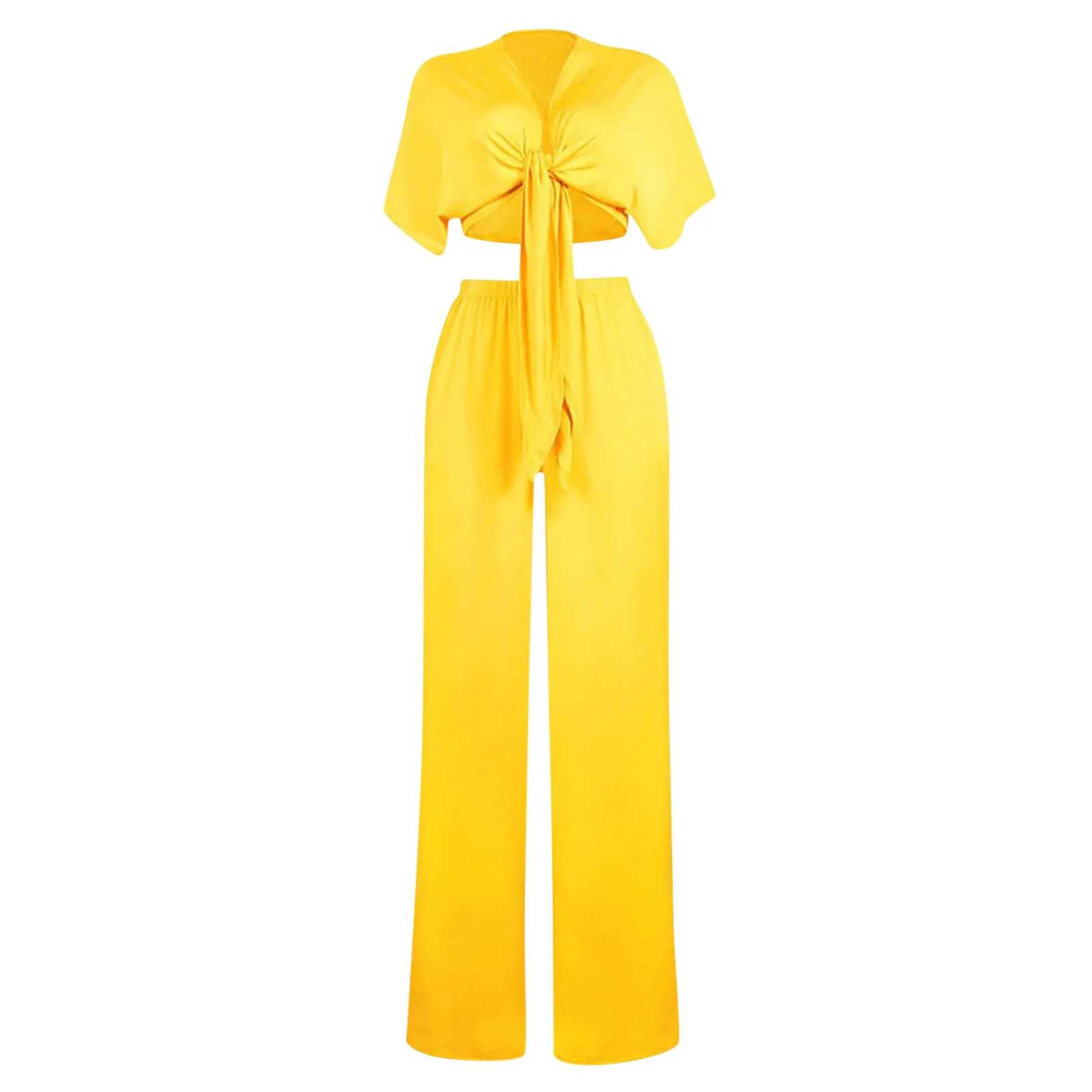 Women Loose Wide Leg Pants Bandage Lace Up Crop Top 2 Piece Set For Female Women v-Neck Short Sleeve Two Piece Set Women\'s Suits
