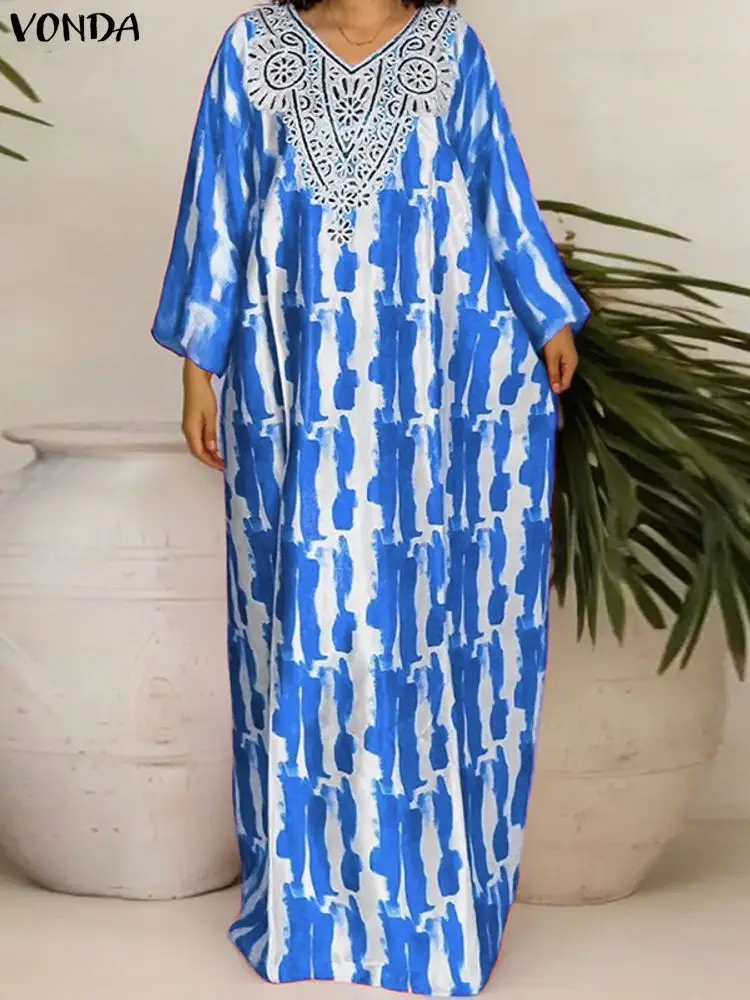 Plus Size 5XL VONDA Women Long Sleeve Bohemian Party Vestidos 2025 Autumn Printing Vintage Maxi Dress Casual V-Neck Loose Robe