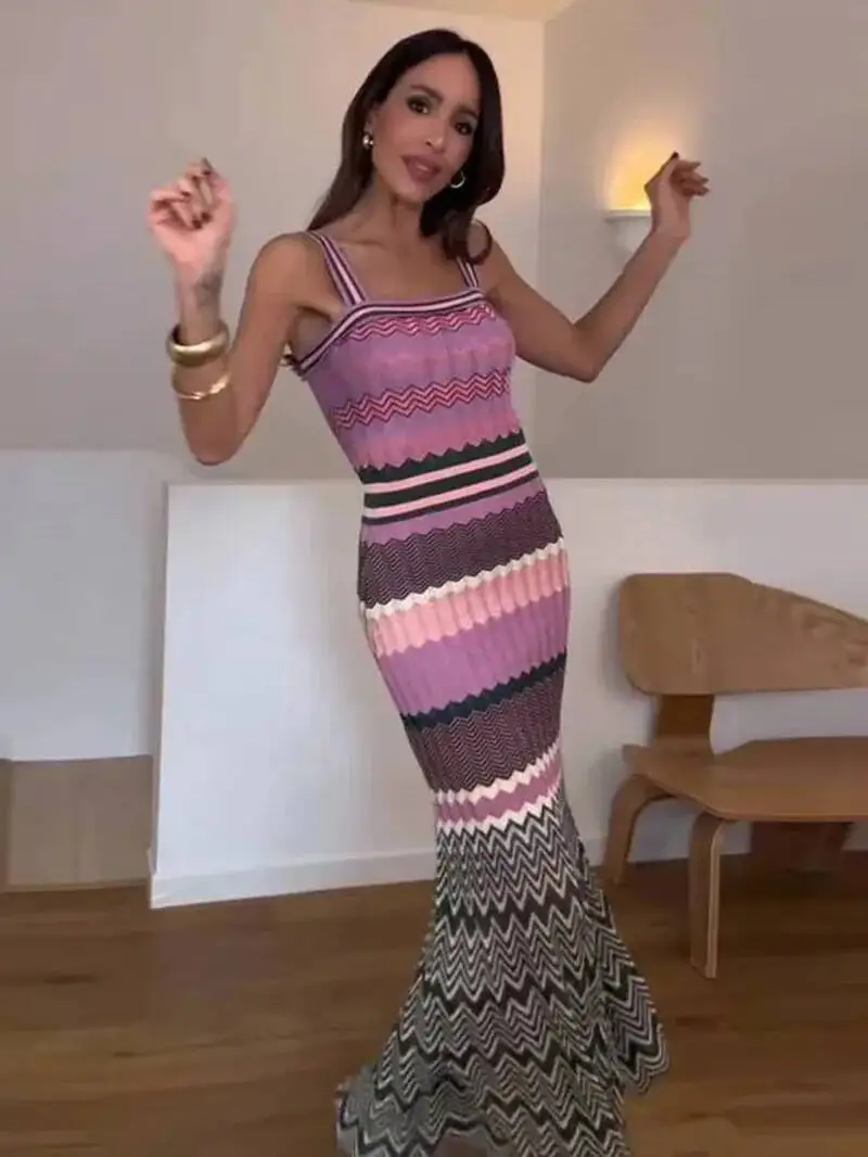 Elegant Knitting Dress Women Slim Sleeveless Square Collar Sling Long Dresses 2025 Autumn New Female Vacation Fashion Robes TDS8