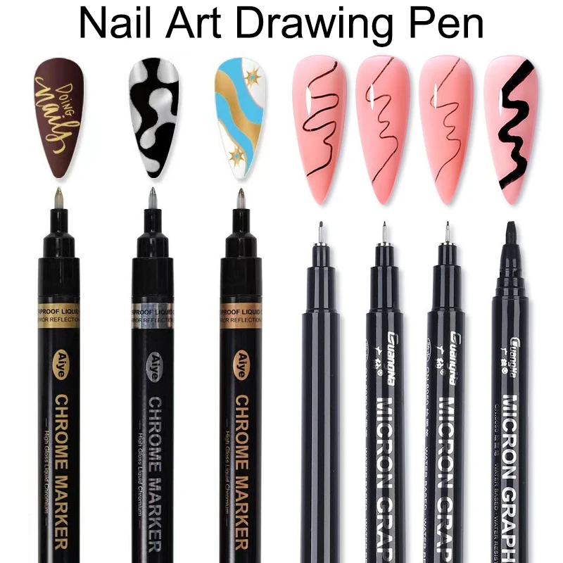 Nail Art Drawing Pen Graffiti Pen Black Silver Gold Chrome-plated Metal Waterproof Liner Nail 3D Nail Art DIY Polish Pen Paint