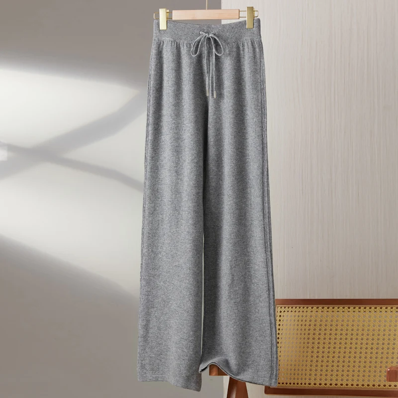 Spring  Autumn New Women's 100% Merino Wool Knitted Long Pants Slim Fit High Waist Wide Leg Pants Solid Color Casual Pants