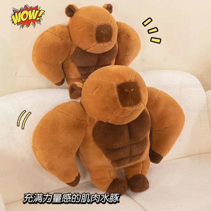 Muscle Capybara Plush Toy with Realistic Abdominal Muscles Soft Stuffed Animal Doll for Kids Birthday Gift Pillow Sofa Cushion