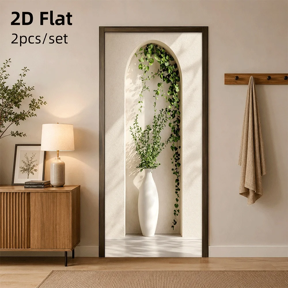 1 Nordic style arched niche, green plant vase, door sticker, simulated vine entrance, 2D plan