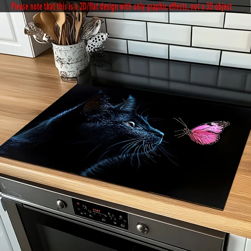 Black Cat & Butterfly Stove Mat – Heat-Resistant, Non-Slip Rubber Protector for Glass Tops, Oven & Laundry