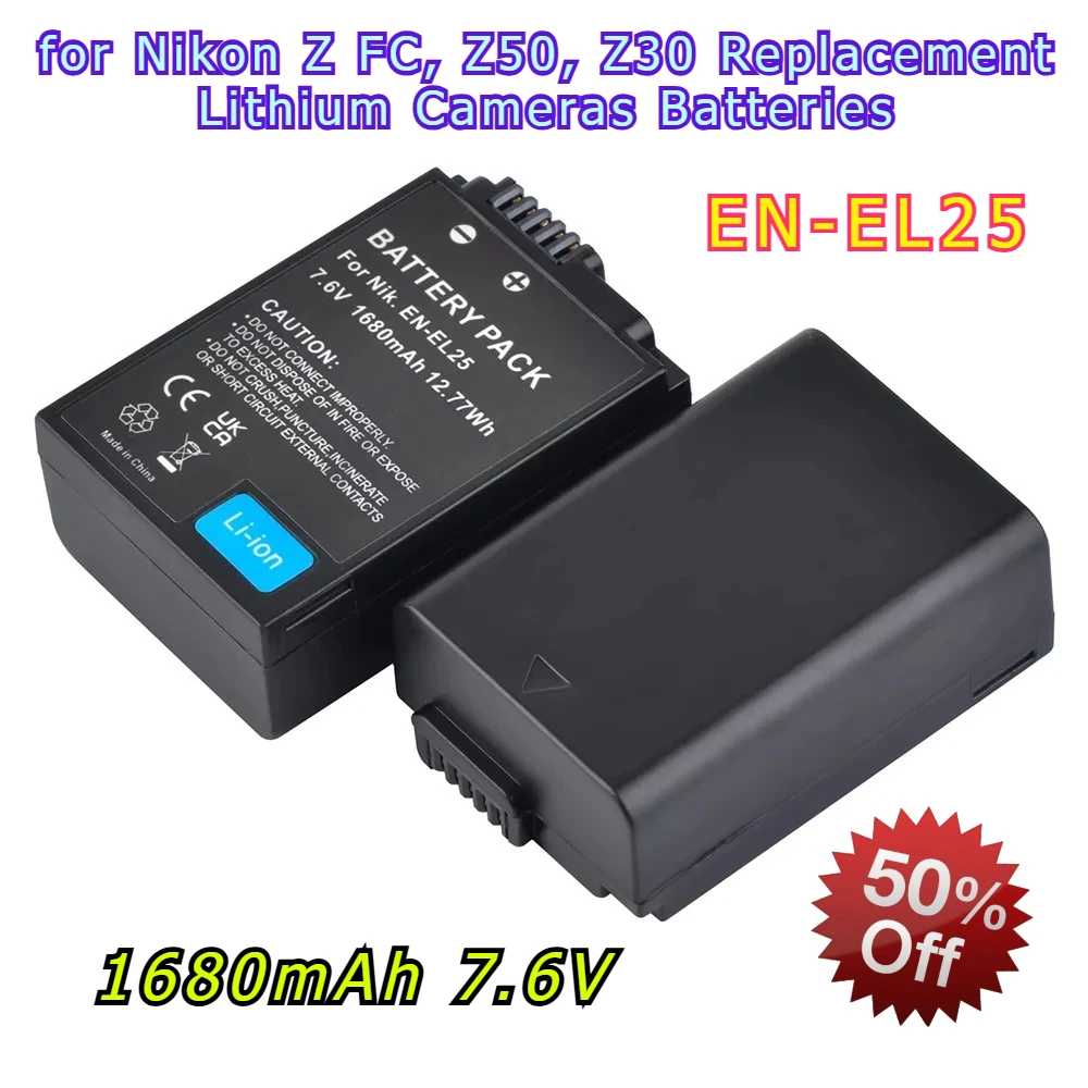 

High-capacity 1680mAh 7.6V Camera Battery EN-EL25 for Nikon Z FC, Z50, Z30 Replacement Cameras Batteries