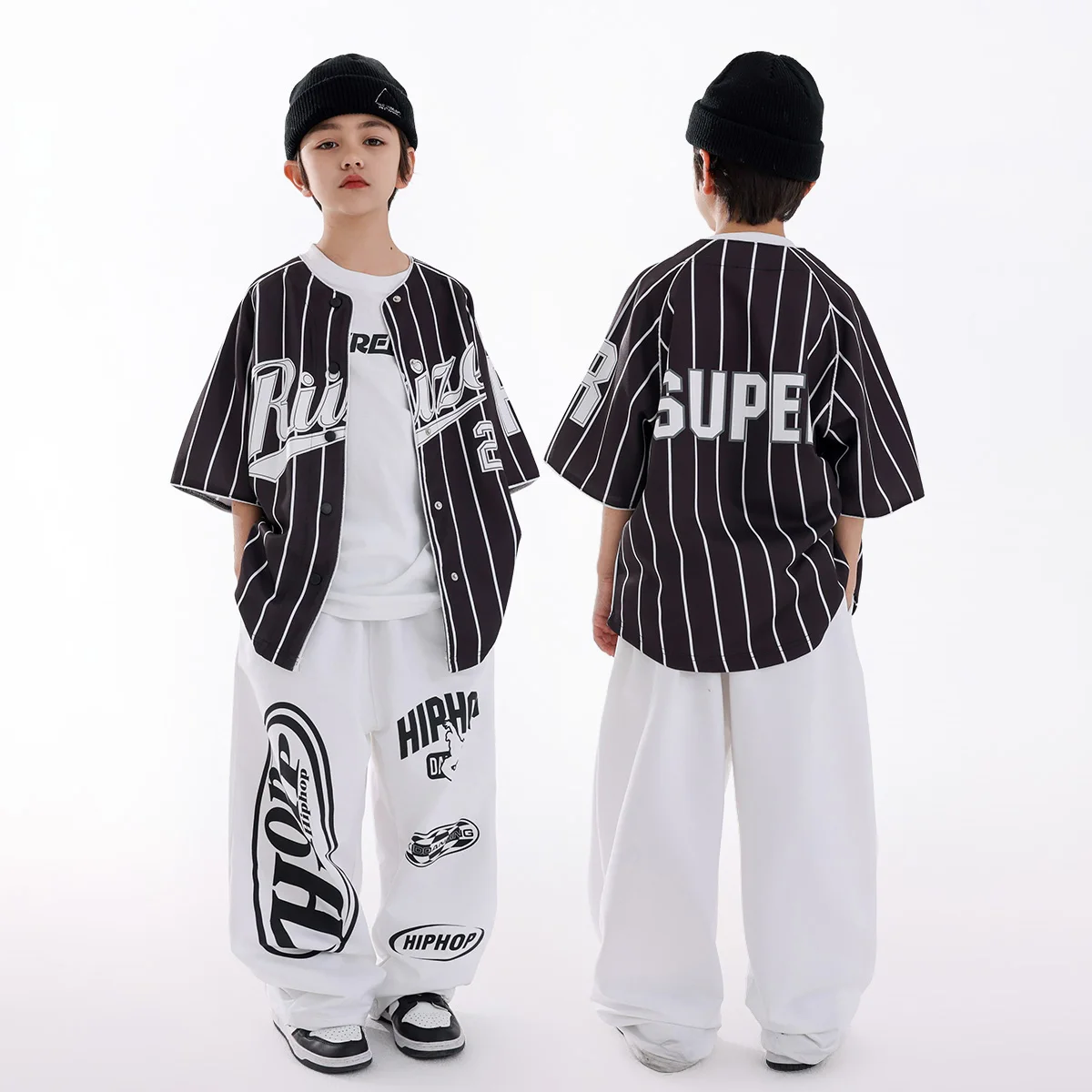 New Boys Hip Hop Dance Clothes Striped Coat White Pants Street Dance Performance Clothing Baggy Jazz Practice Outfits BL14937