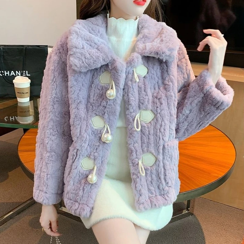 2023 Winter New Women Faux Rabbit Fur Coat Thicken Loose Keep Warm Outwear Fashion Casual Pearl Button Outcoat Polo Collar Top