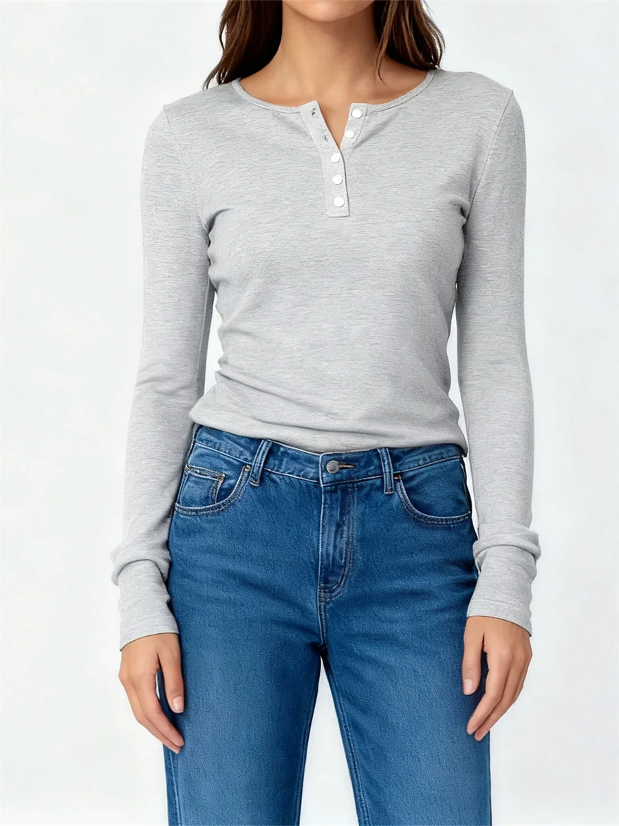 90s Vintage Graphic Women's T-Shirt Solid Color Crew Neck Button Front Long Sleeve Slim Fit Tops Casual Basic Shirts Streetwear