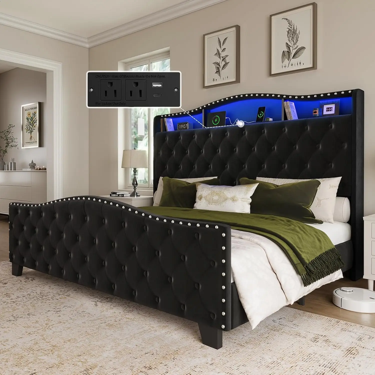 King Size Bed Frame and Headboard, 50.9" Velvet Upholstered Wingback Bedframe with LED Lights & Storage/Charging, Customized