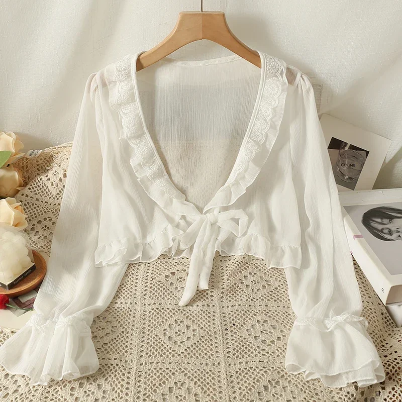 Kimotimo Chiffon Sunscreen Cardigan Women Summer Lace Ruffled Lace Up Thin Shirt Korean Flared Sleeve Fairy Shawl Blouse