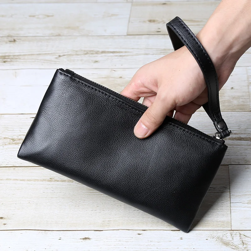 Bolso de mano para hombre, Cartera larga de cuero genuino con cremallera, hecho a mano, de gran capacidad, informal, con capa de cabeza, bolso de piel de vaca, bolso de cuero suave para teléfono