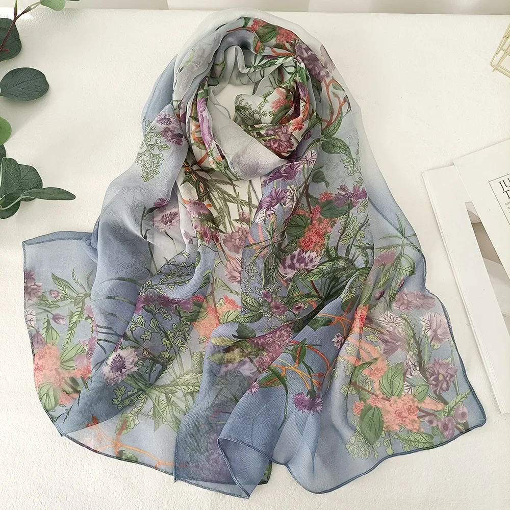 Damskie eleganckie szyfonowe szale jedwabne modne uniwersalne kwiatowe okłady letnie plażowe z filtrem przeciwsłonecznym cienki szal Georgette Bandana hidżab