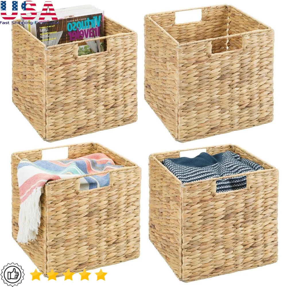 Woven Cube Storage Basket Organizer with Handles Bathroom Laundry Nursery Shelf Set of 4 Portable Functional Versatile Natural