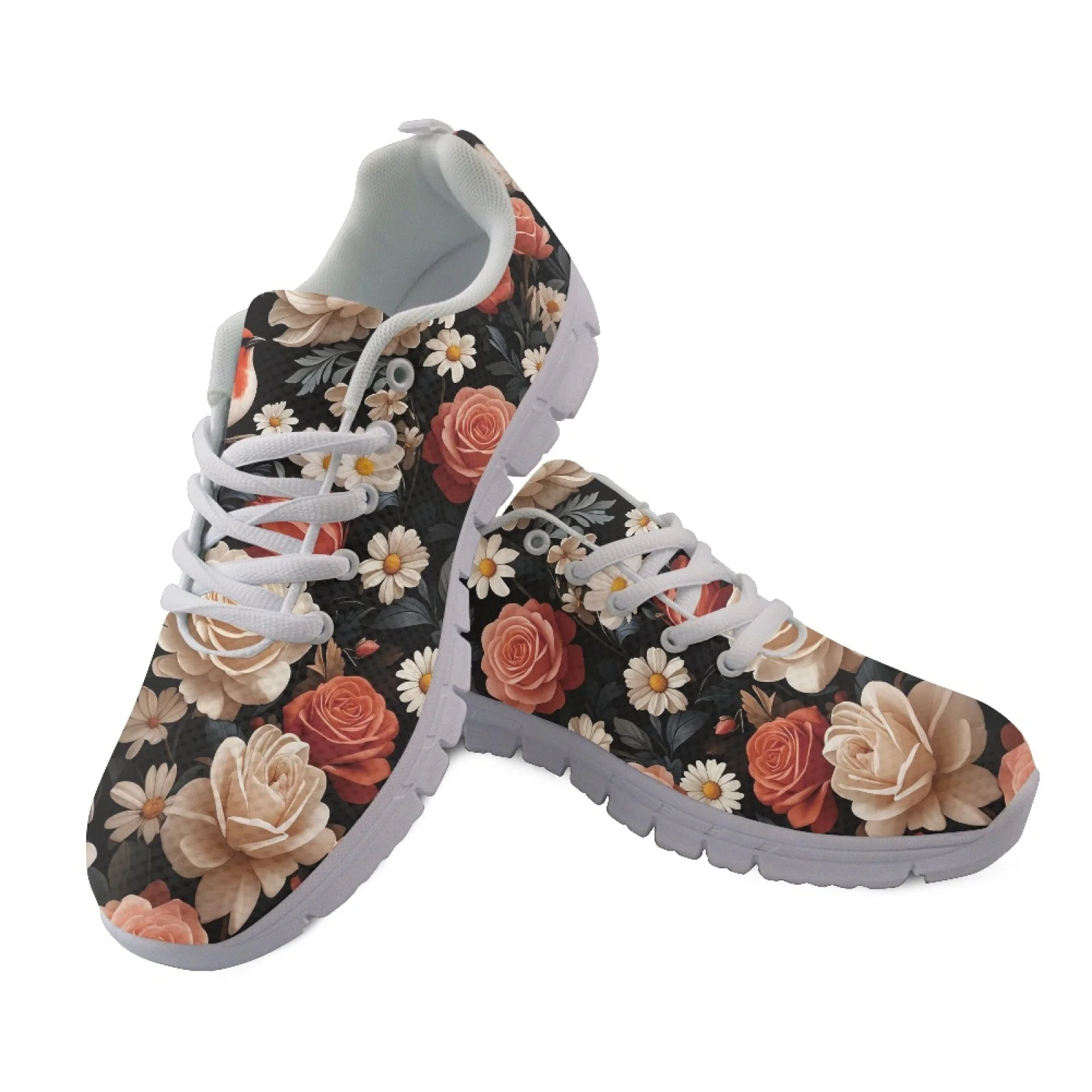 Coloranimal Rose Pattern Athletic Sneaker Mesh & EVA Sole Running Shoes Lace Up Walking Sneakers for Women