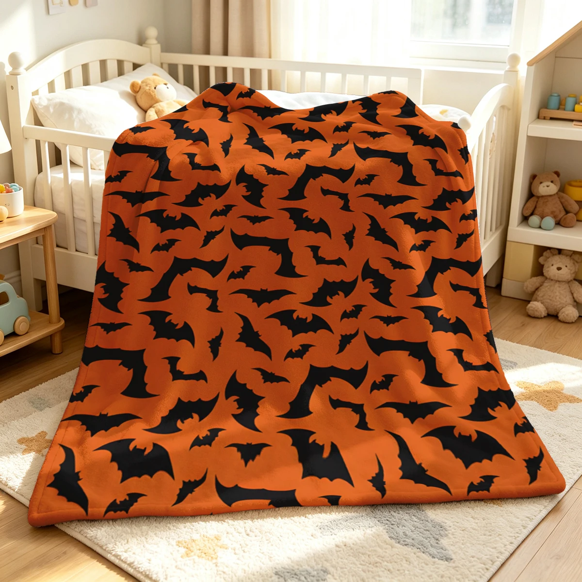 Orange Bat Silhouettes Soft Fluffy Flannel Blanket Super Cozy Lightweight Bed Blanket for Halloween Sofa Bed Christmas Decor