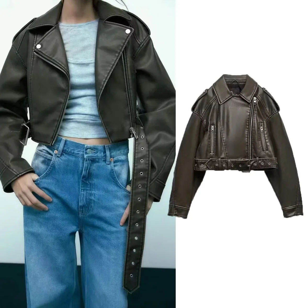 Women Vintage Streetwear Pu Faux Leather Cropped Jacket Female Retro Moto Biker With Belt Zipper Coat Lady Outwear Coats