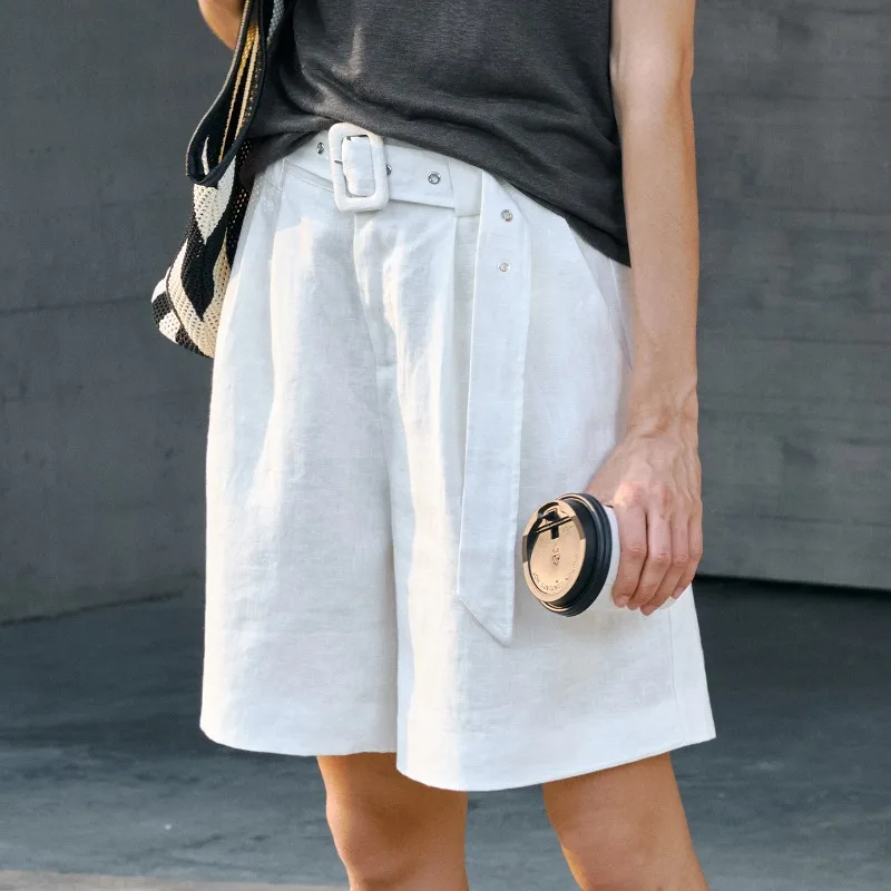 Premium 100% Linen Women's Shorts Chic Casual Loose Mid-Length Pants With Belt, Summer Retro Linen Office Ladies Shorts
