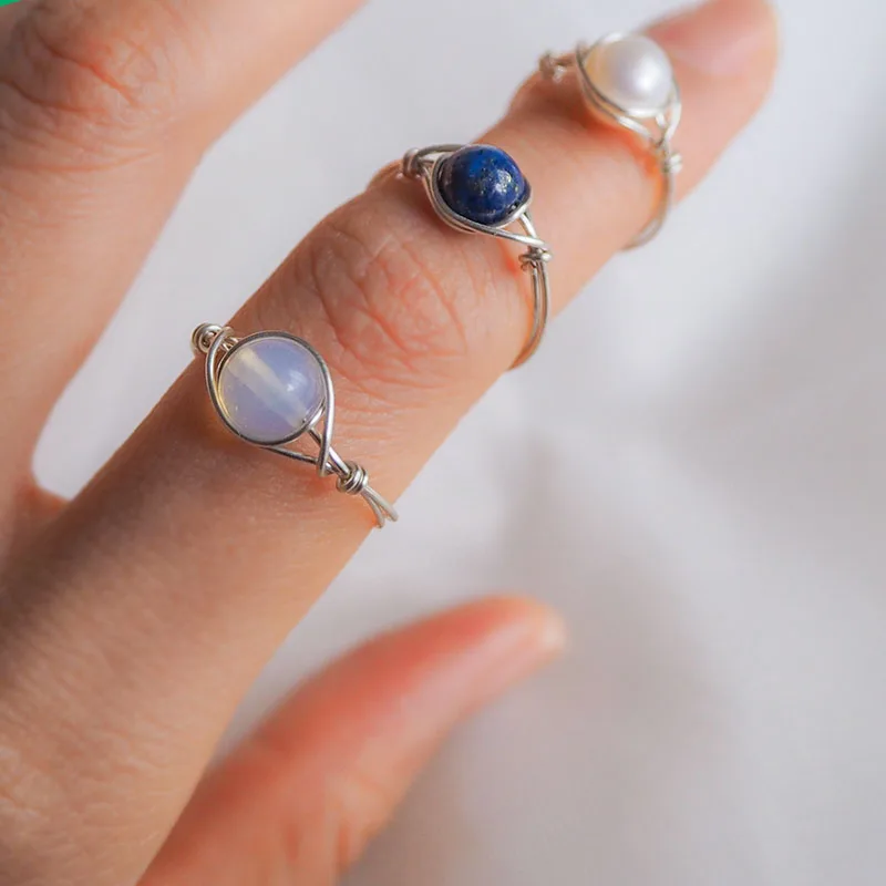 Women Eye Shape Rings Natural Stone Freshwater Pearl Opal Lapis Lazuli Bead Ring Handmade Wire Wrapped Vintage Jewelry Girl Gift