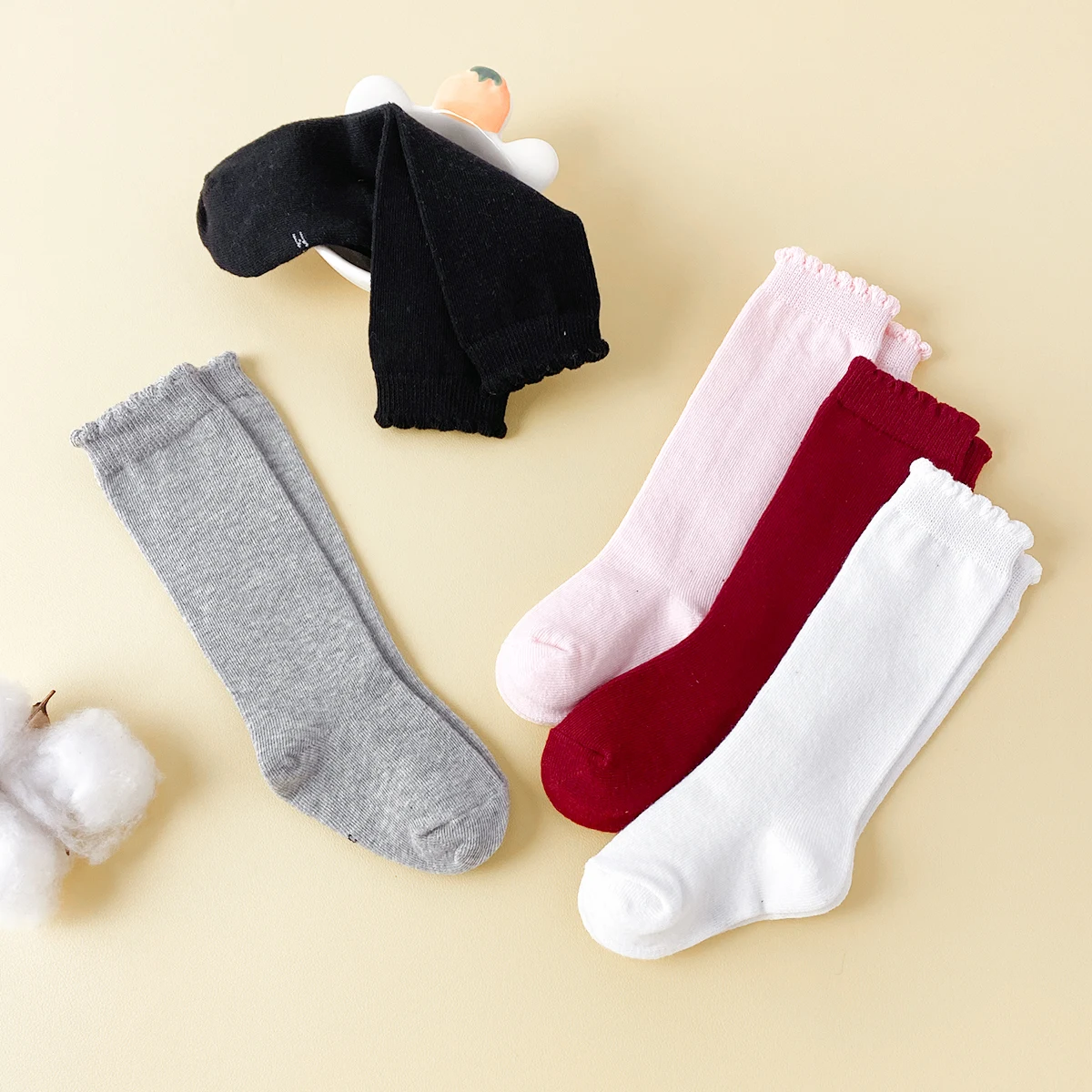 5 Pairs Kids' Solid Color Bubble Mouth Over-The-Knee Socks With Bowknot Decoration, Suitable For Daily Wear