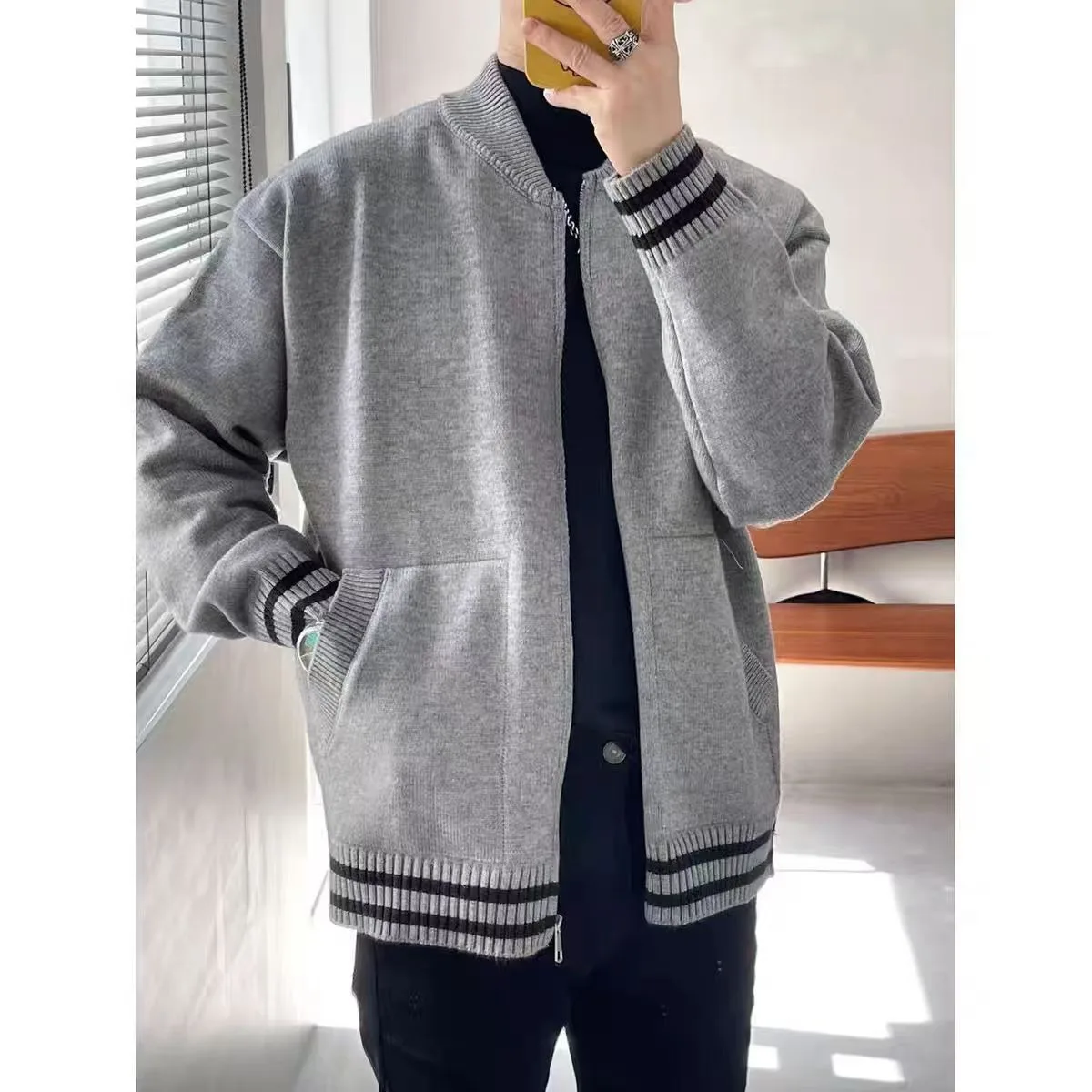 

Свободный мужской вязаный кардиган, свитер V-Ne, повседневный свитер для пары, бейсбольный воротник, осень-зима, Thiened, размер L