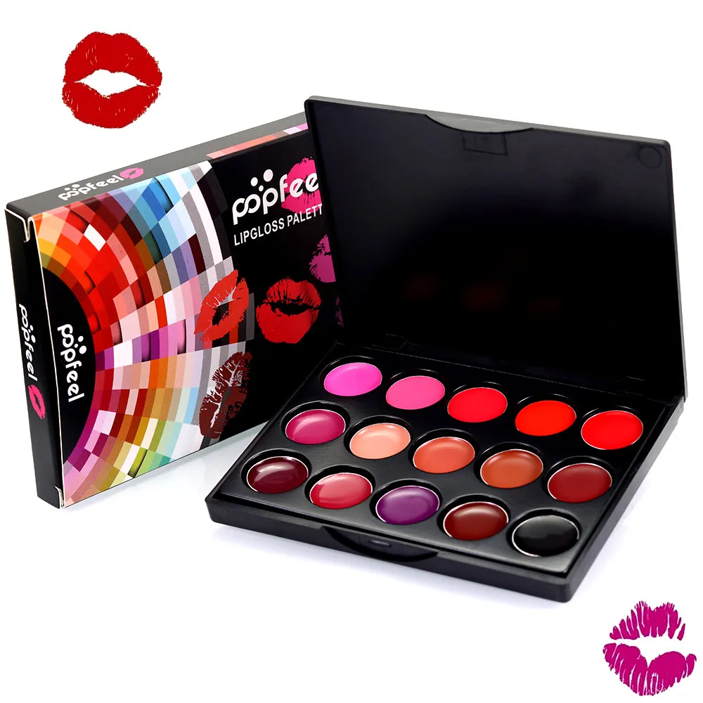 popfeel 15 color lip gloss palette long-lasting color lip gloss multi-color lipstick moisturizing safe and clean lipstick