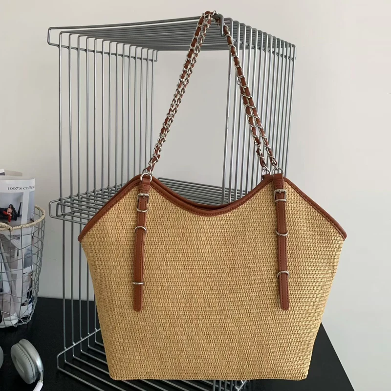 

Straw Beach Tote Bags For Women Luxury Designer Handbag And Purse 2026 New In Grass Knitting Chain Strap Large Capacity Shoulder