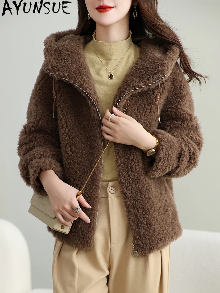 AYUNSUE Płaszcz damski ze 100% wełny, kurtka z kapturem z owczej wełny, jesienno-zimowe ubrania damskie, nowości w kategorii płaszczy, płaszcz damski z kompozytowego futra