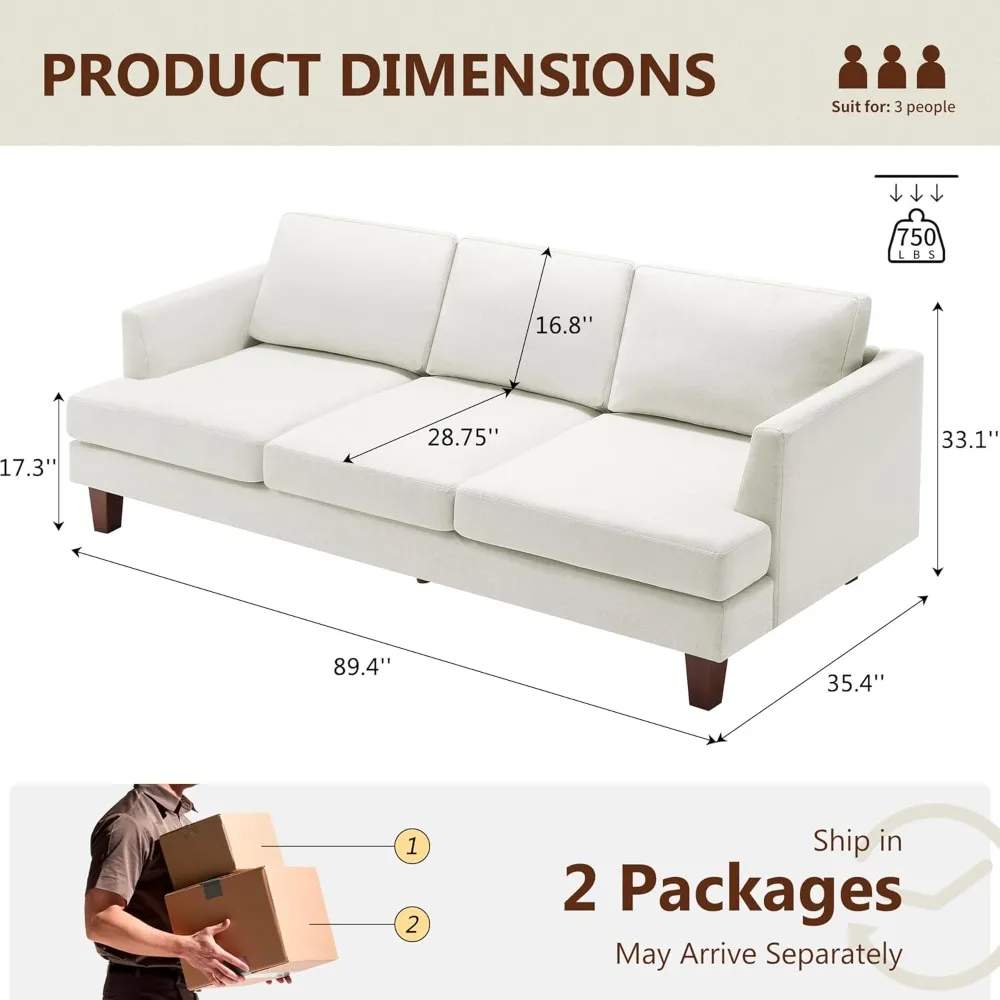 

3 Seater Sofa Couch with Deep Seats, 89" Mid Century Modern Upholstered Sofa with Armrests, Comfy Couches for Living Room