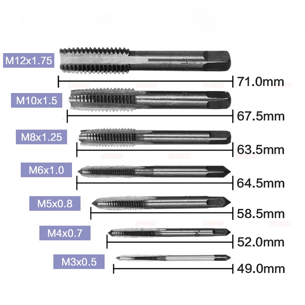 5PCS/7PCS Bearing Steel Taper Hand Spiral Point Straight Fluted Screw Thread Hand Tap Drill M3/M4/M5/M6/M8/M10/M12