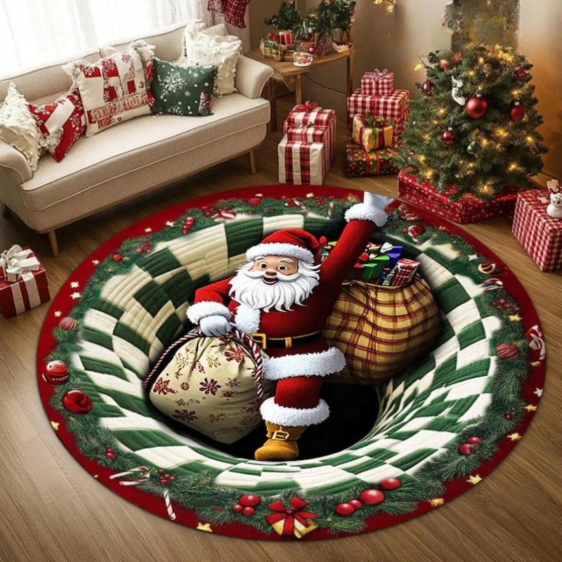 Festive Christmas Circular Floor Mat 2D Vortex Tunnel Santa Gift Sack Pine Berry Ornament Printed Round Rug for Seasonal
