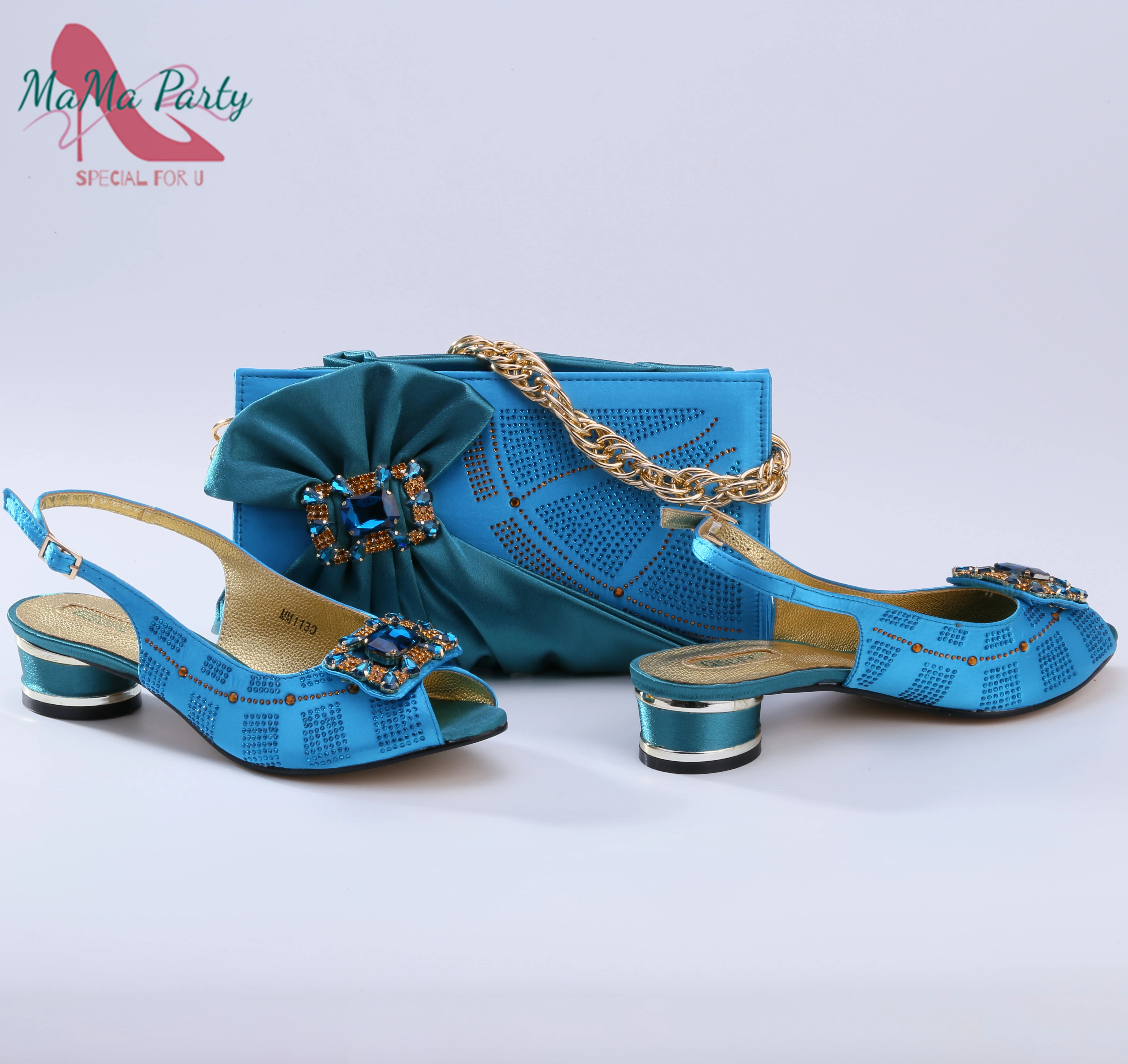 New Fashionable Peep Toe Mid Heel Shoes with Bag Set in Navy Blue For Nigerian  Women Wedding  Party