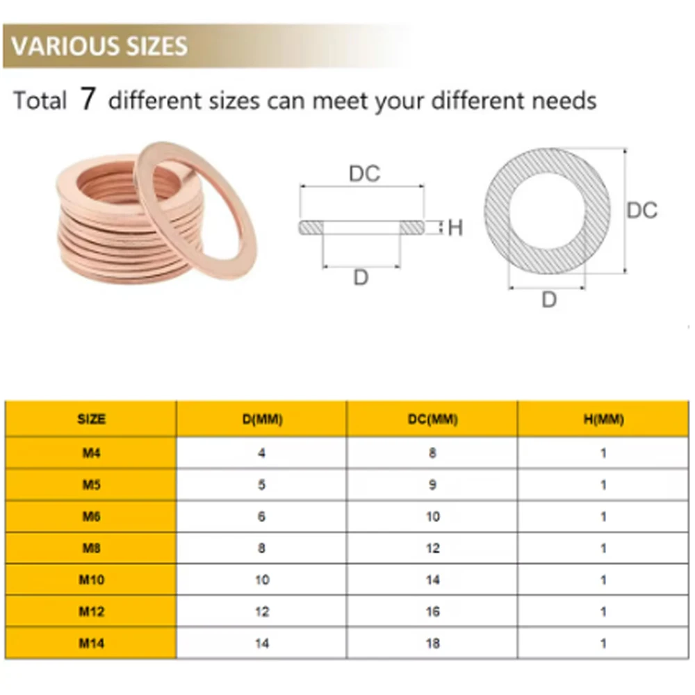 50/100/120 Pcs Copper Washer Sealing Gasket Flat Ring Seal Assortment Kit M4 M5 M6 M8 M10 M12 M14 For Sump Plugs image 2