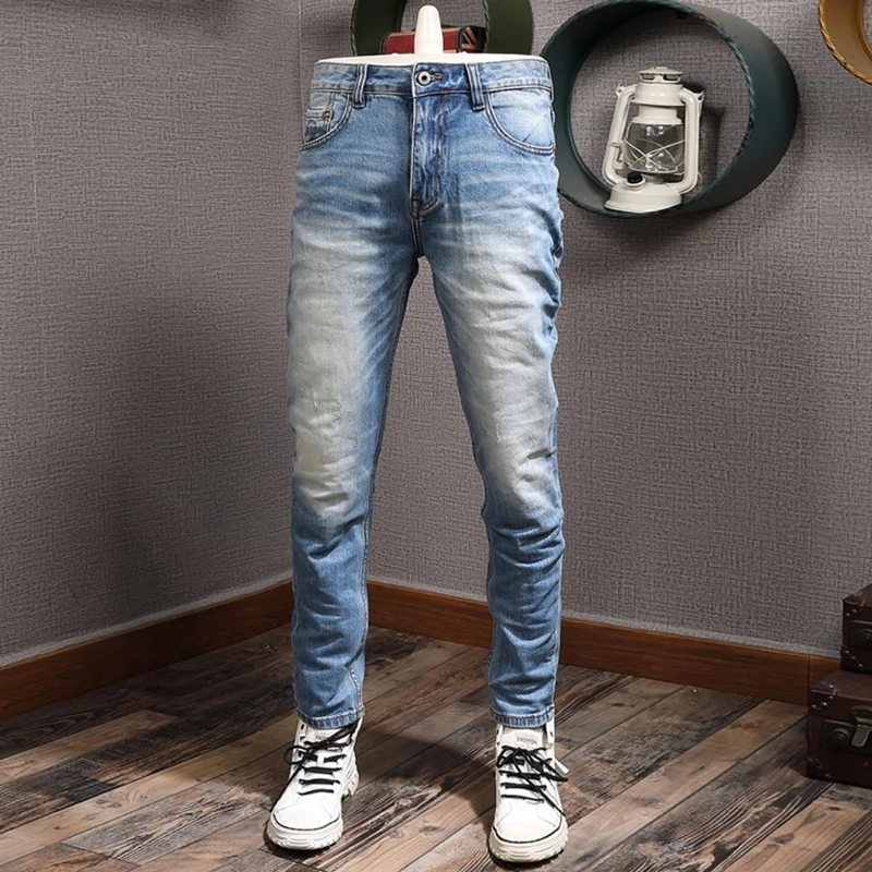 Fashion Designer Men Jeans Retro Blue High Quality Elastic Slim Fit Ripped Jeans Men Trousers Italian Style Vintage Pants Hombre