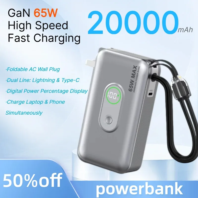20000mAh GaN 65W Power Bank 3 in 1 Built-in AC Plug & Dual Cables PowerBank Portable Charger for Laptop Mobile Phone