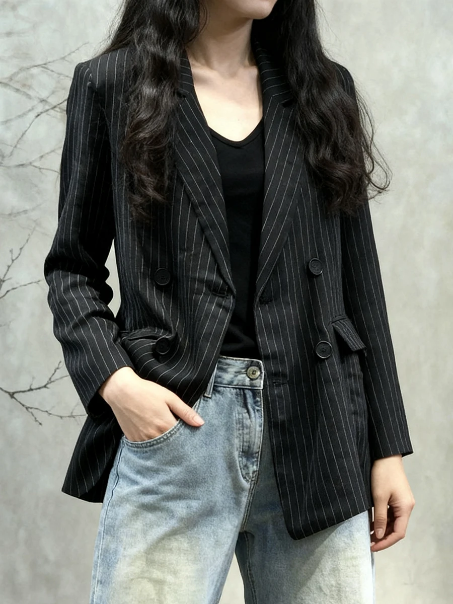 

Casual Loose Women's Suit Jaet Vertical Stripes Slimming Commute Outerwear Artistic Sle Polyester Fiber Long Sve