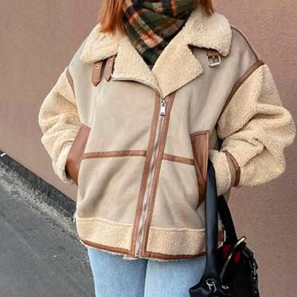 

Winter Sheepskin Coat Faux Fur Suede Leather Women Warm Lamb Shearling Jacket Zipper Moto Biker Long Sleeve Short Casual Outwear