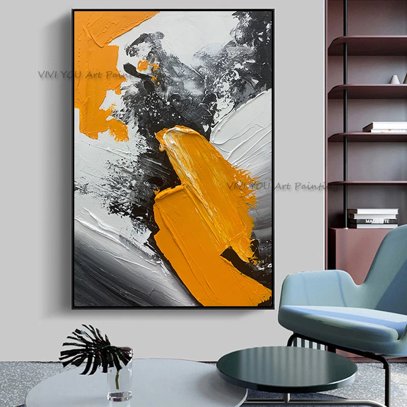 Genuine 100% Hand Painted Abstract Impasto Oil Painting, Palette Knife Thick Ochre Black Splash Vertical Canvas Modern Loft Wall